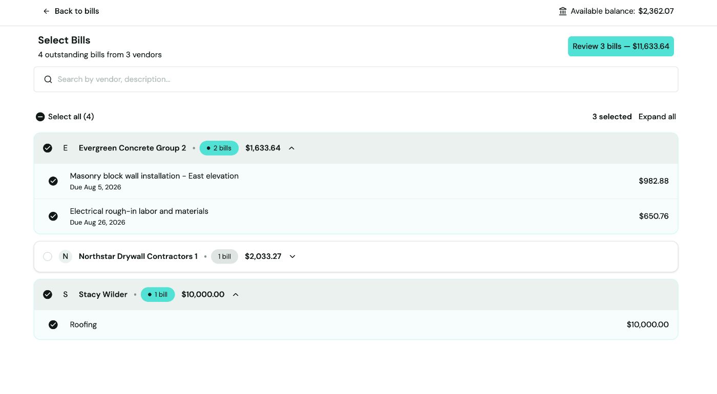 Select Bills screen listing outstanding bills grouped by vendor with checkboxes selected and a Review button showing the running total