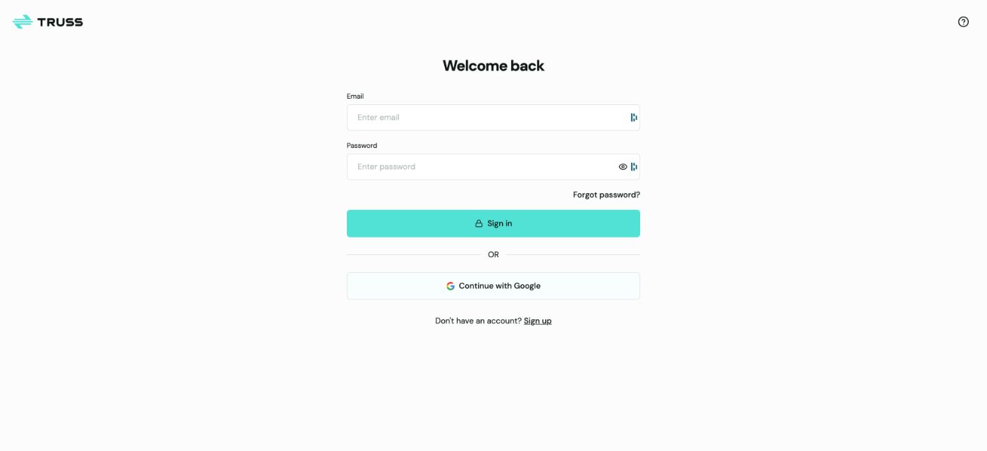 Truss Welcome back login page with empty Email and Password fields, Forgot password? link, Sign in button, and Continue with Google option