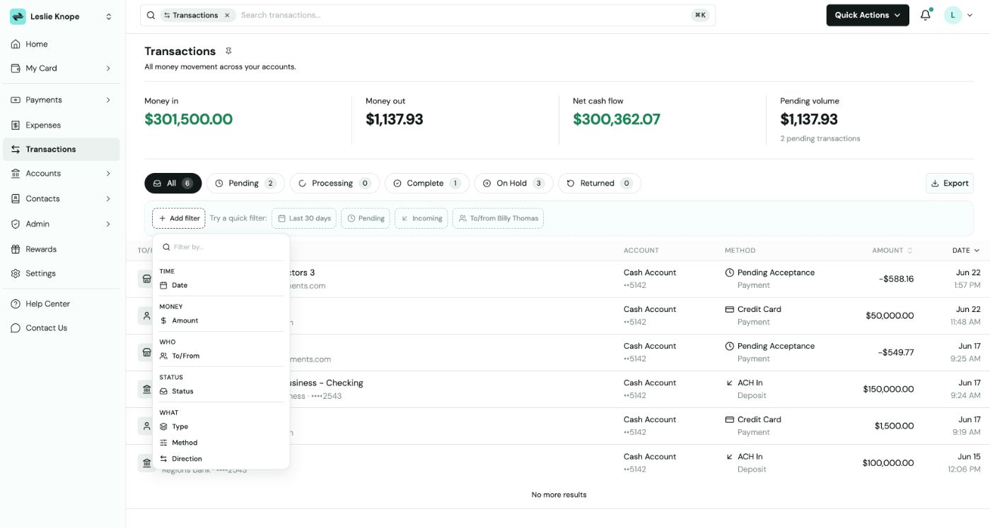 Transactions page with the Add filter Filter by menu open, listing Date, Amount, To/From, Status, Type, Method, and Direction options