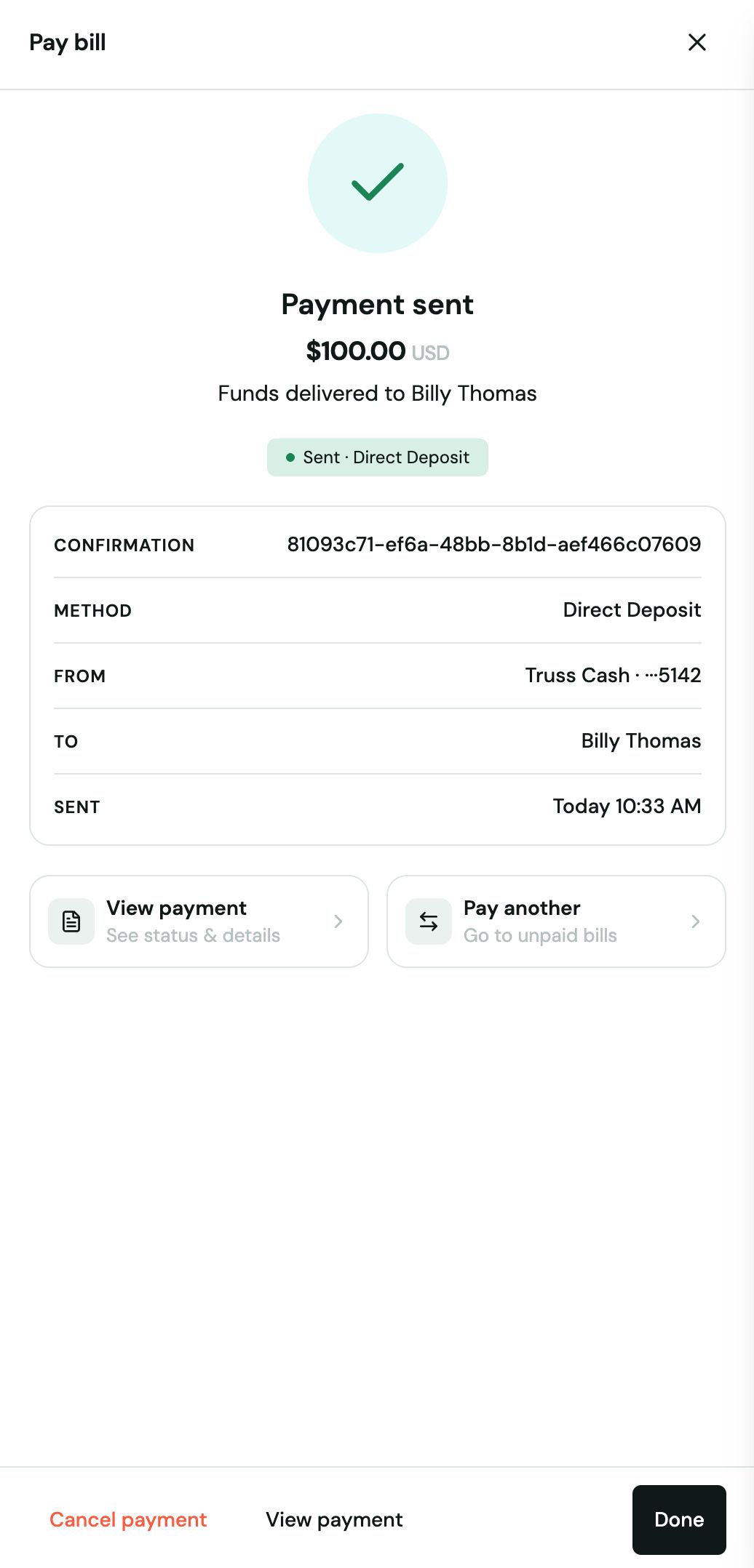 Bill detail view for Billy Thomas with status Unpaid and the Pay bill panel set to Check Delivery requesting a mailing address