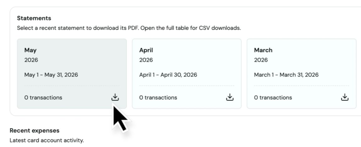 Statements section with monthly cards for May, April, and March, each showing its date range, transaction count, and a download icon