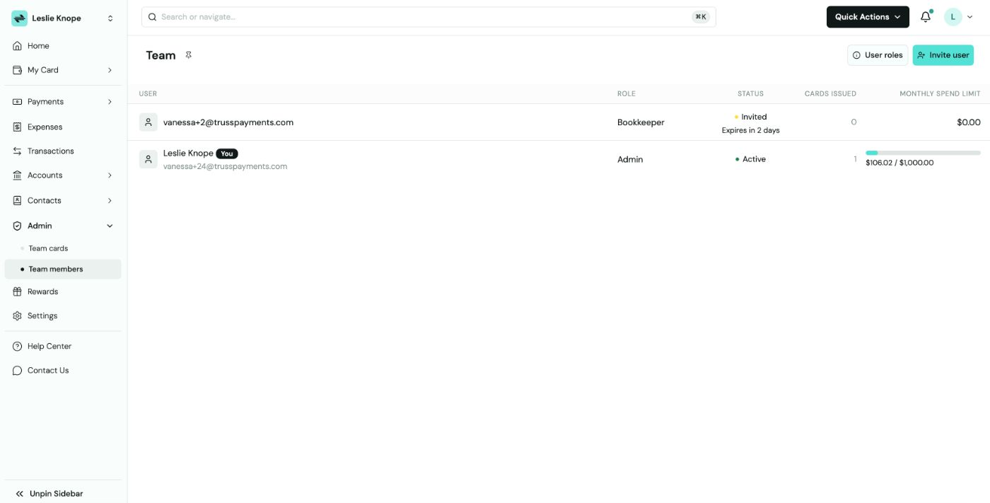 Team members page listing one Invited bookkeeper and the active Admin account owner with roles, status, cards issued, and monthly spend limit columns