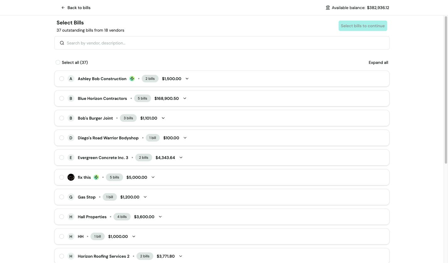 Bill payment selection screen listing 37 outstanding bills from 18 vendors with total amounts