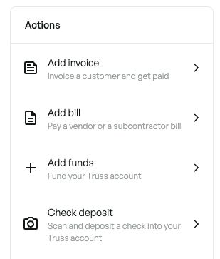 Dashboard Actions menu listing Add invoice, Add bill, Add funds, and Check deposit options