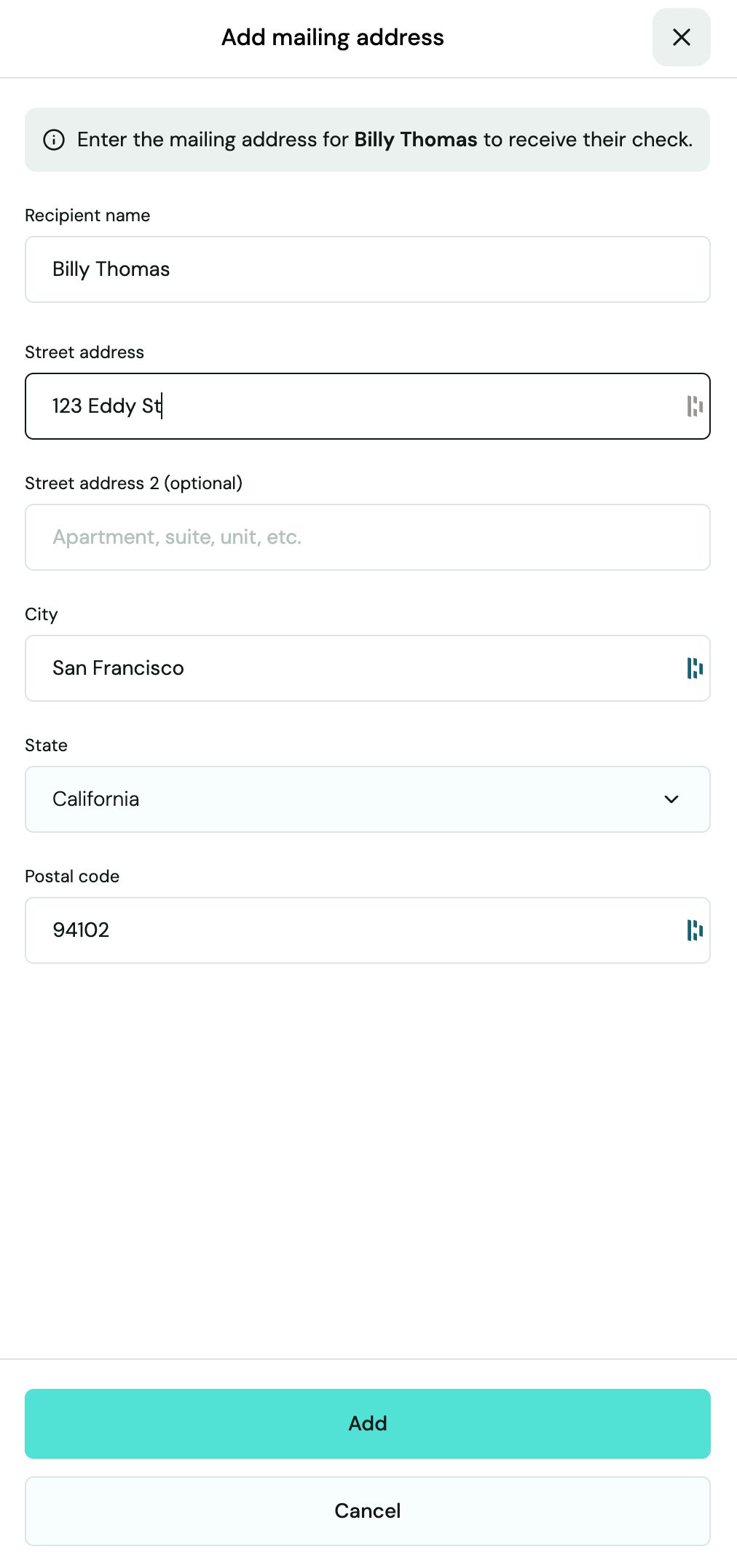Pay bill panel with Check Delivery selected showing the confirmed mailing address for Billy Thomas at 123 Eddy St, San Francisco, CA