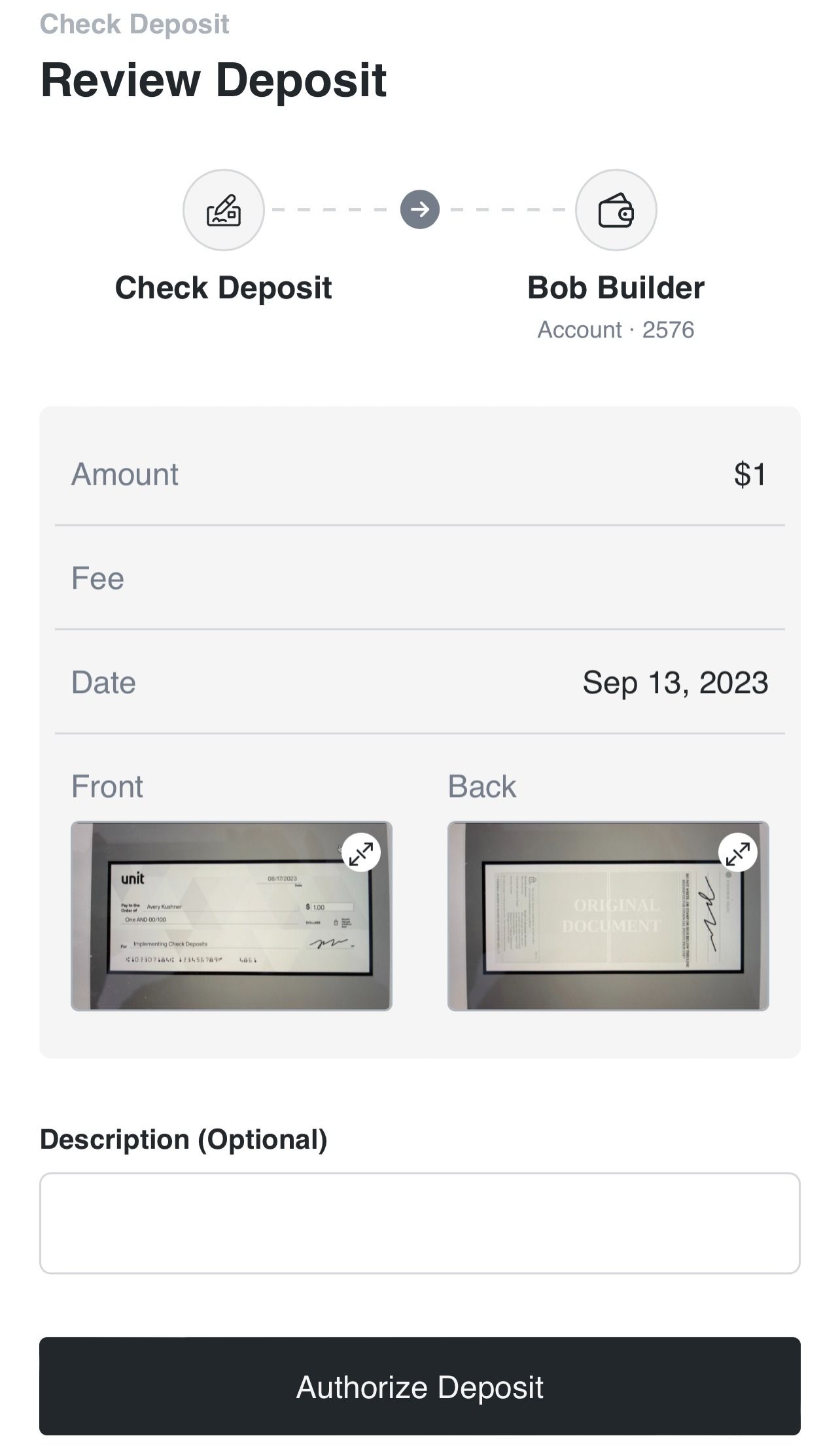 Review Deposit screen showing the amount, fee, date, captured front and back check photos, and the Authorize Deposit button