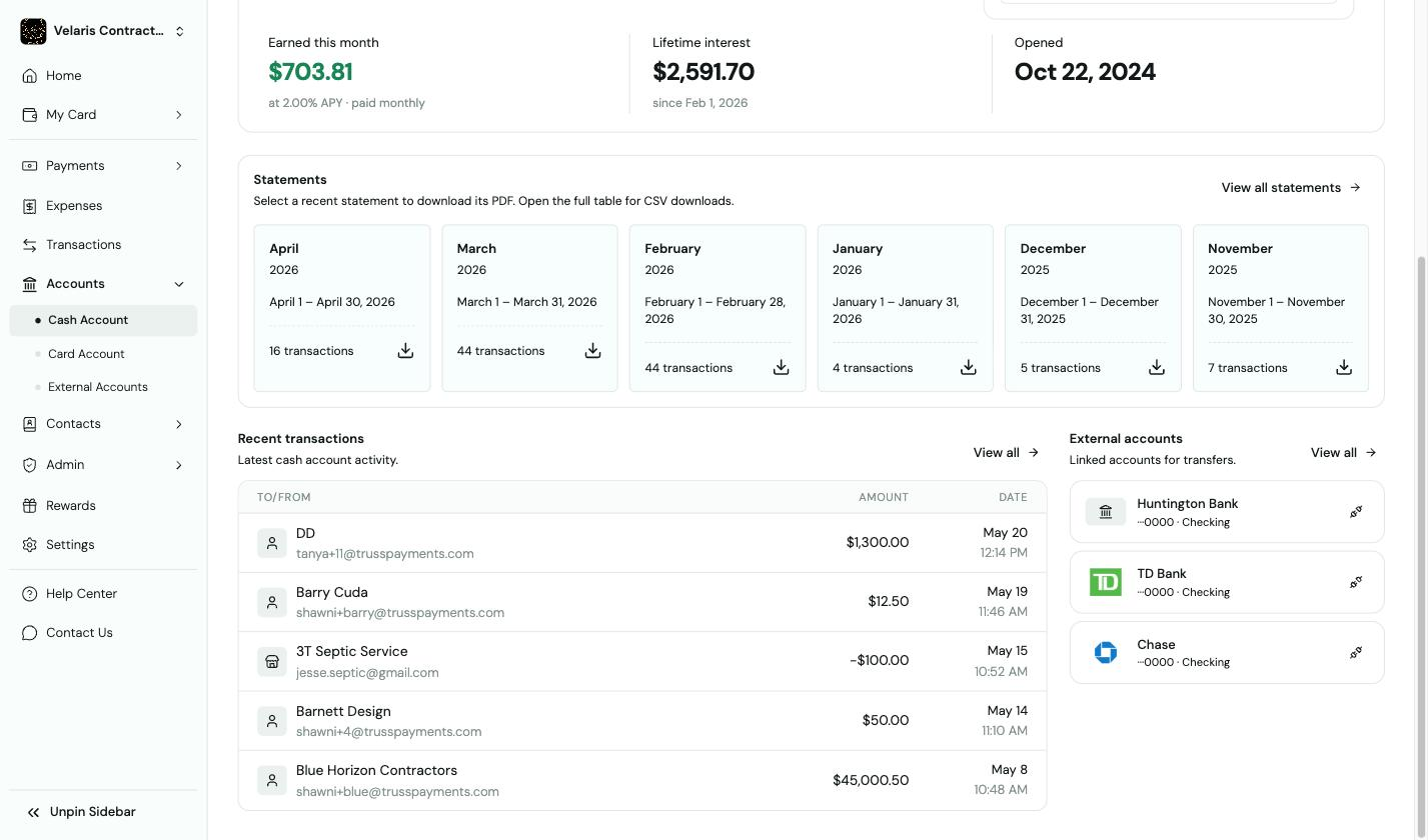 Cash account dashboard showing statements, recent transactions, and linked external bank accounts