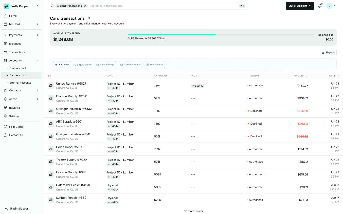 Card transactions page showing available-to-spend balance with limit bar, an Export button, and a list of card charges with card, category, status, amount, and date columns