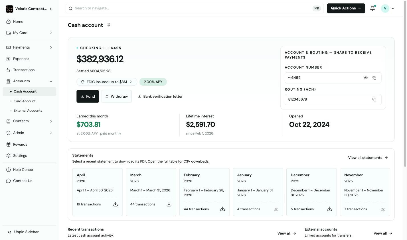 Cash account dashboard showing checking balance of $382,936.12 with statements and account details
