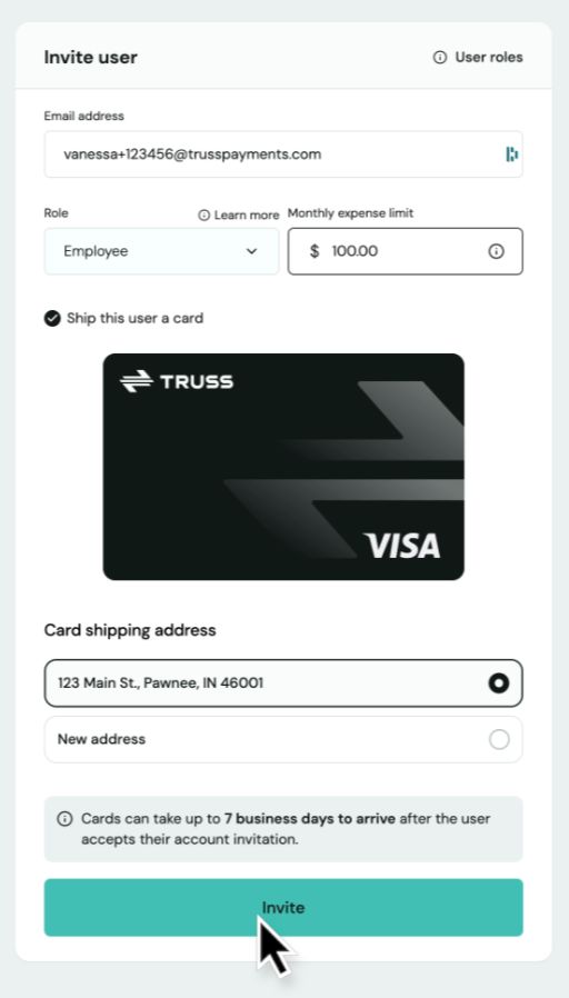 Invite user form with email address, Employee role, monthly expense limit, Ship this user a card toggle, card preview, and shipping address selection
