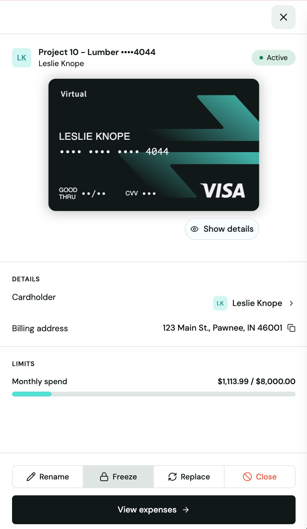 Project 10 - Lumber virtual card detail panel marked Active with cardholder, billing address, monthly spend limit, and Rename, Freeze, Replace, and Close buttons