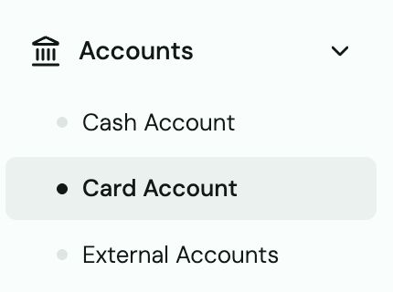Accounts sidebar submenu expanded with Cash Account, Card Account selected, and External Accounts