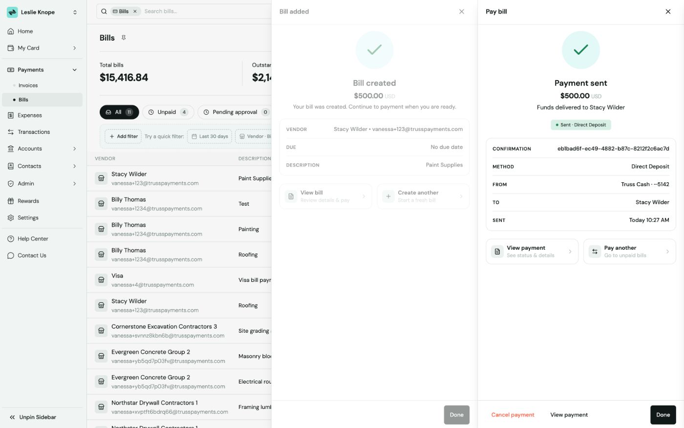 Pay bill panel showing Payment sent for $500.00 with confirmation, Direct Deposit method, and Today's send time