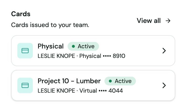 Cards list showing a Physical card and the Project 10 - Lumber virtual card, both marked Active, with a View all link