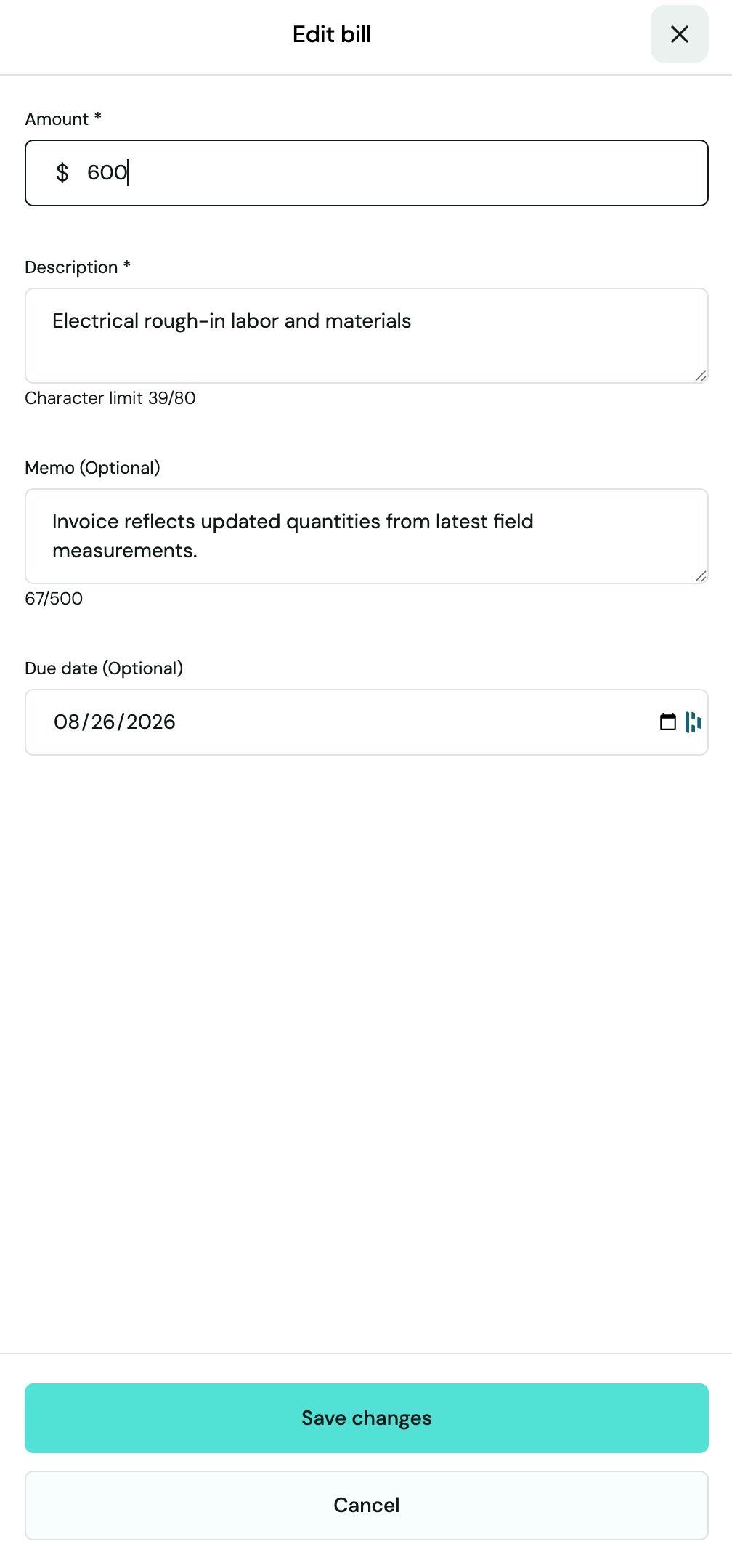 Edit bill form with editable Amount, Description, Memo, and Due date fields above Save changes and Cancel buttons