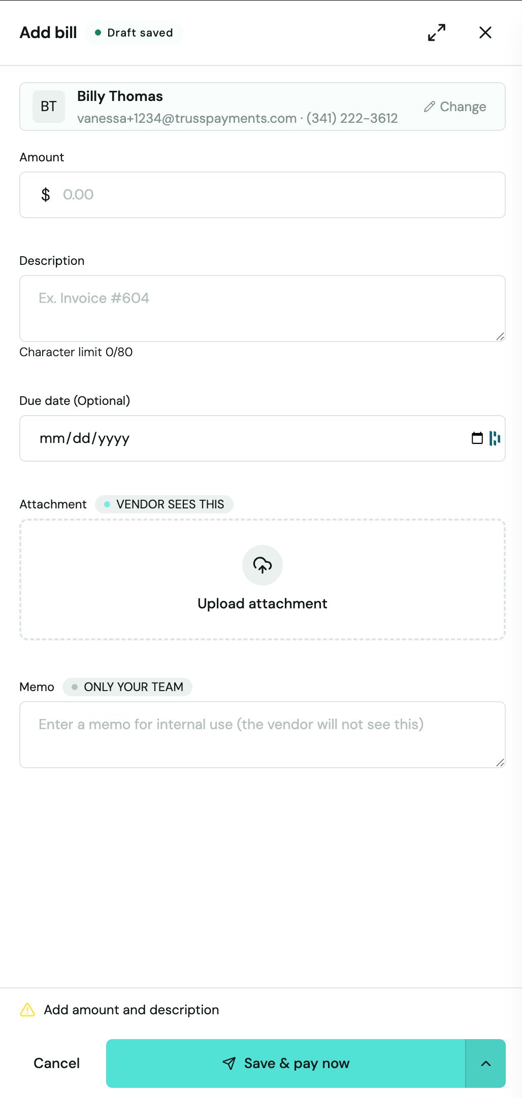 Add bill panel for Billy Thomas with amount $100.00 and description Gas entered, ready to save and pay