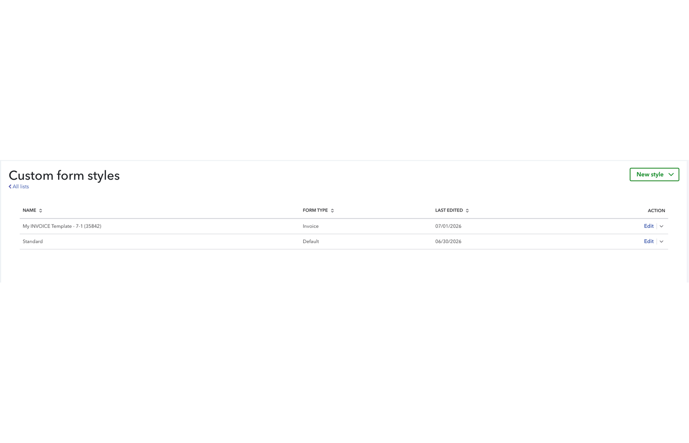 QBO Custom form styles list showing invoice templates with an Edit link for each
