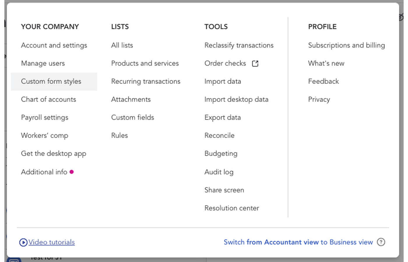QBO gear icon settings menu with Custom form styles highlighted under Your Company