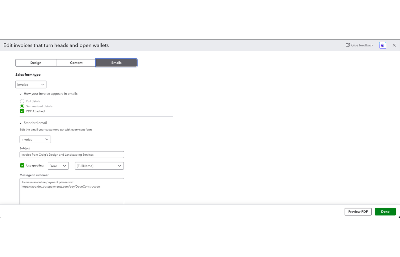 QBO invoice template Emails tab with Summarized details selected under How your invoice appears in emails