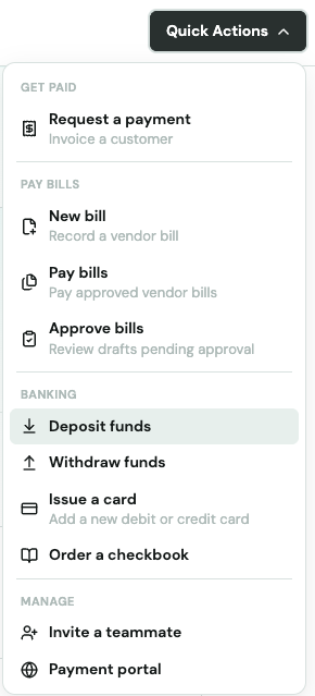 Quick Actions menu open in the Truss dashboard with Deposit funds highlighted under Banking