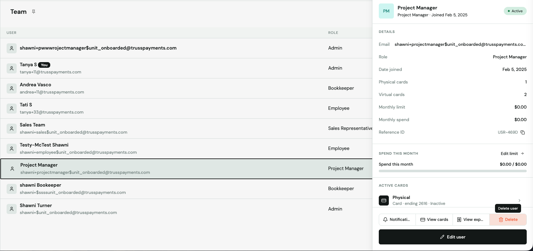 Team member detail panel open on the Team page with the red Delete button and its Delete user tooltip at the bottom