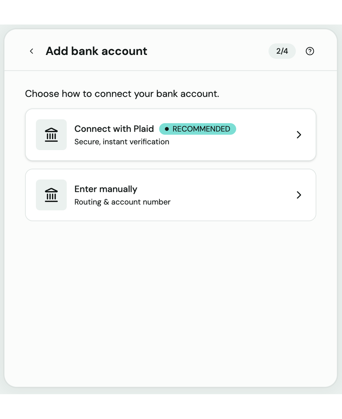Add bank account screen with Plaid and manual entry options