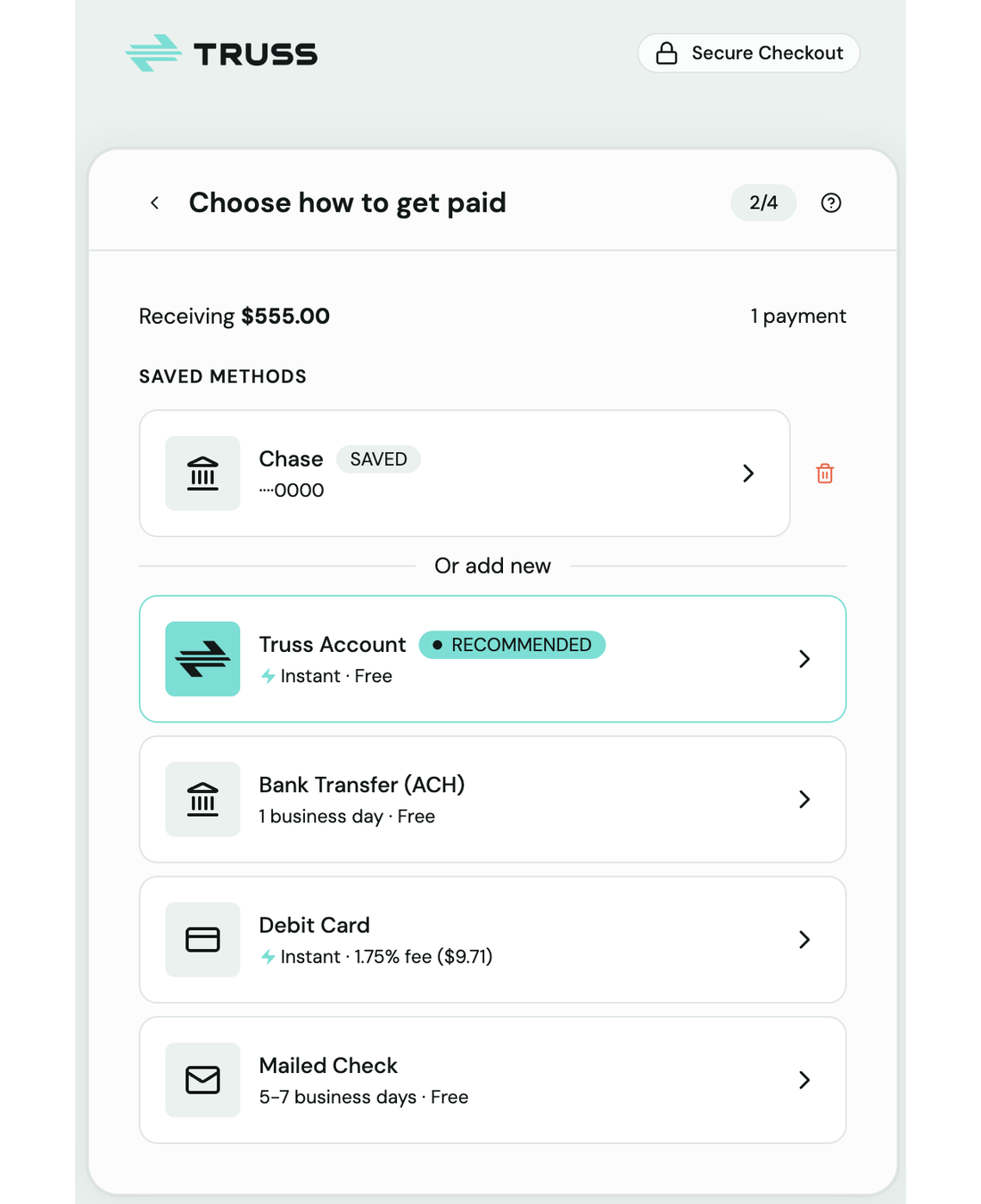 Choose how to get paid screen with saved method and payout options