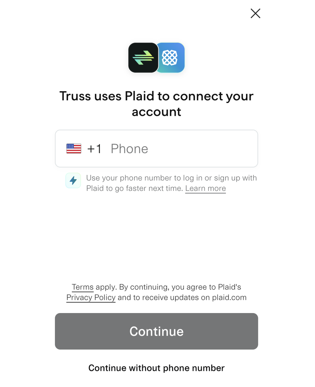 Plaid connection screen requesting a phone number, with a continue without phone number option