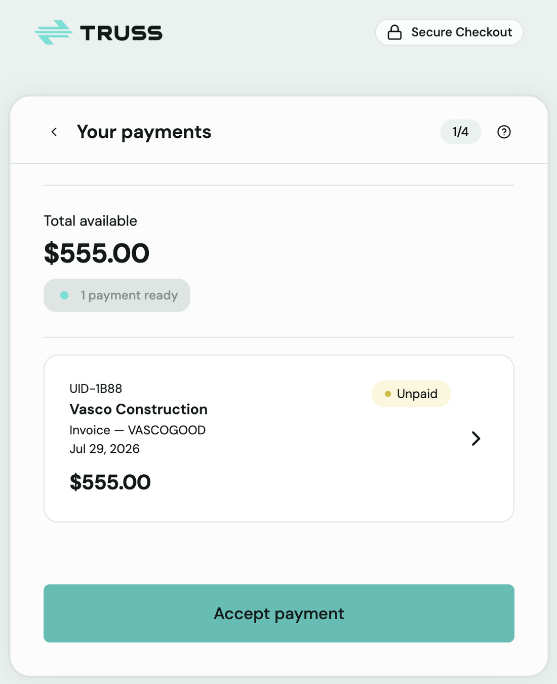 Your payments screen showing an unpaid invoice with Accept payment button