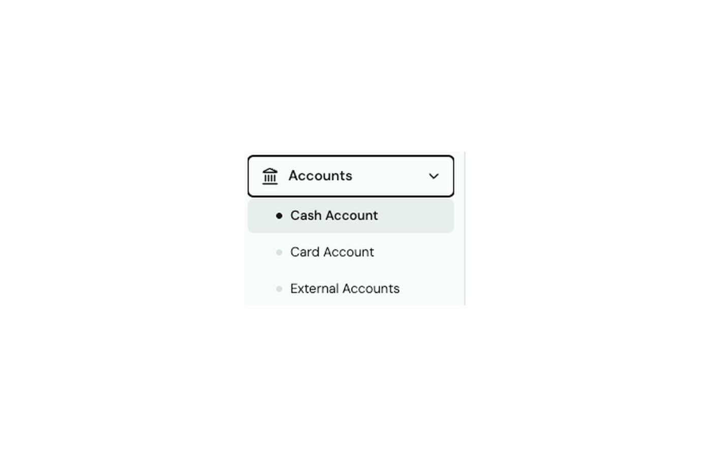Accounts menu expanded, showing Cash Account, Card Account, and External Accounts options