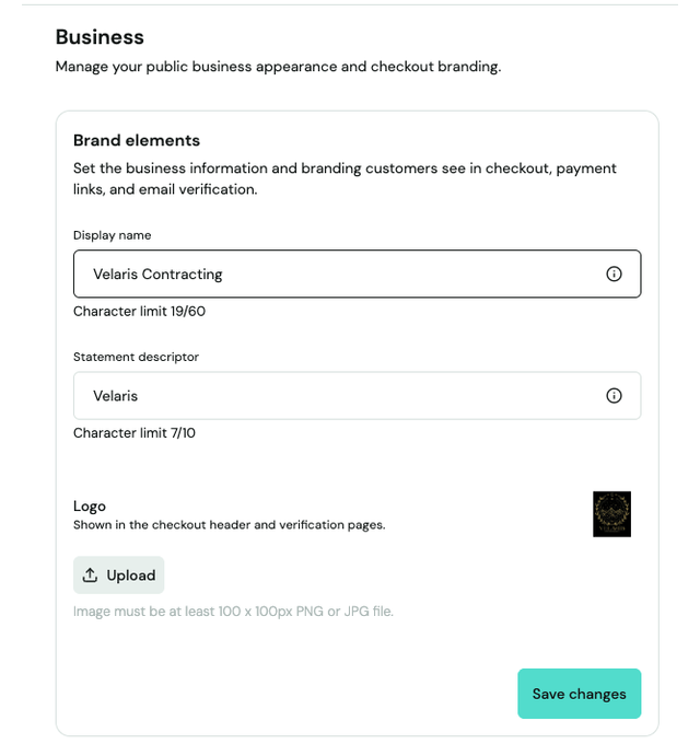 Truss Settings → Business screen showing Brand elements: Display name, Statement descriptor, and Logo upload