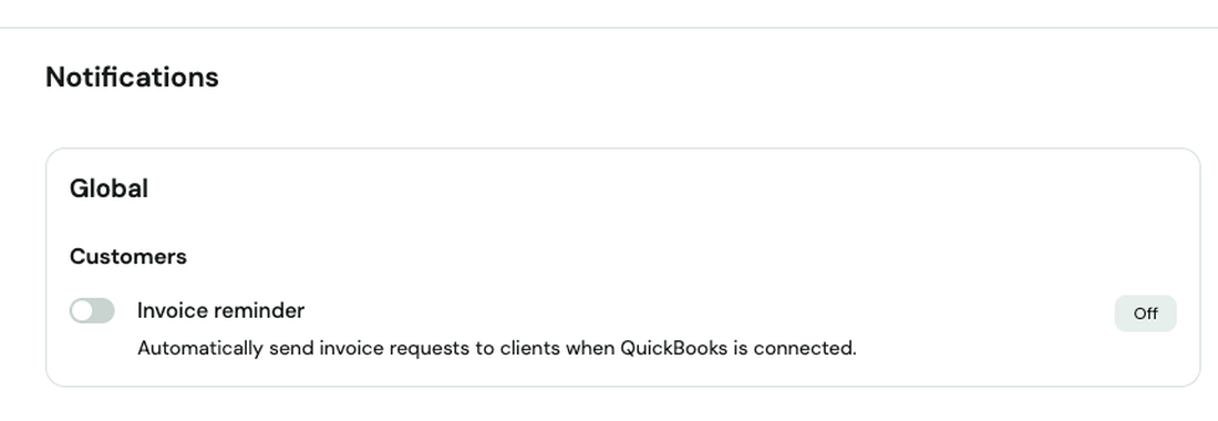 Truss Settings → Notifications page showing the Global Customers section with the Invoice reminder toggle set to Off
