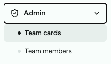 Menú Admin desplegado que muestra Team cards y Team members