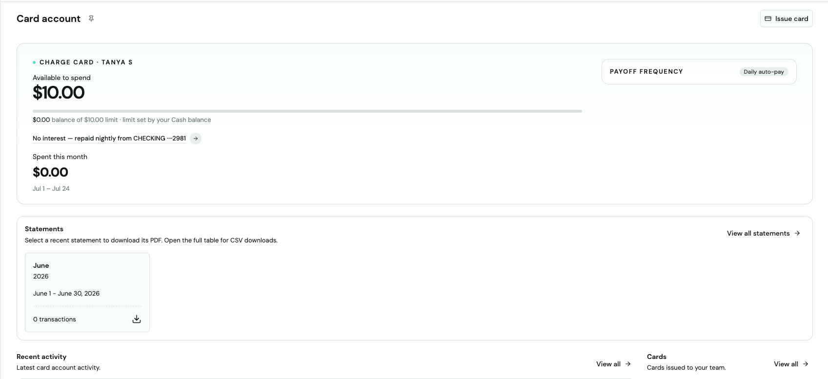 Página Card account que muestra el saldo disponible, la frecuencia de pago y los estados de cuenta recientes