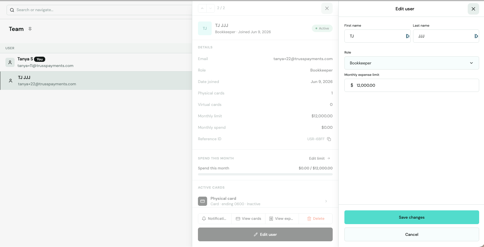 Panel Edit user con los campos de rol y monthly expense limit