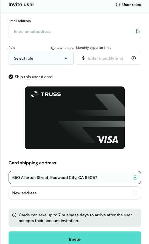 Invite user form with role, monthly expense limit, ship a card option, and shipping address