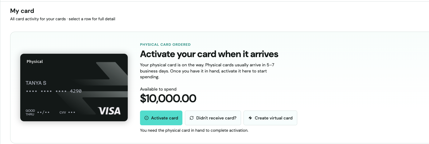 My card overview showing a physical card ordered banner with an Activate card button
