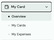 Menú My Card desplegado que muestra Overview, My Cards y My Expenses