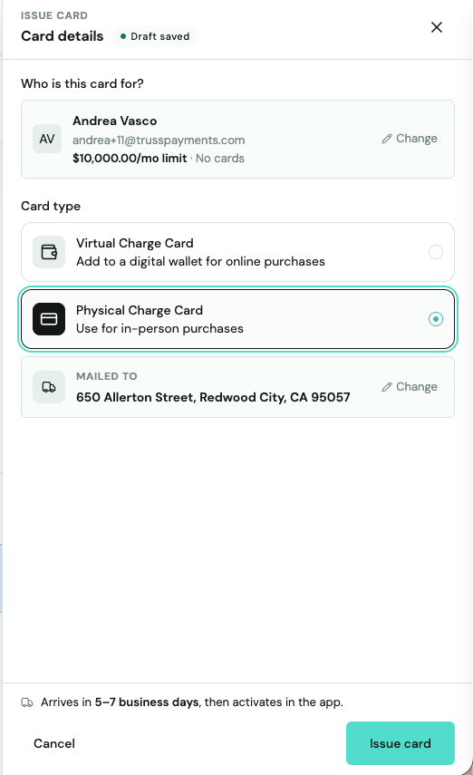 Card details screen with Physical Charge Card selected, mailing address, and a note that it arrives in 5-7 business days then activates in the app