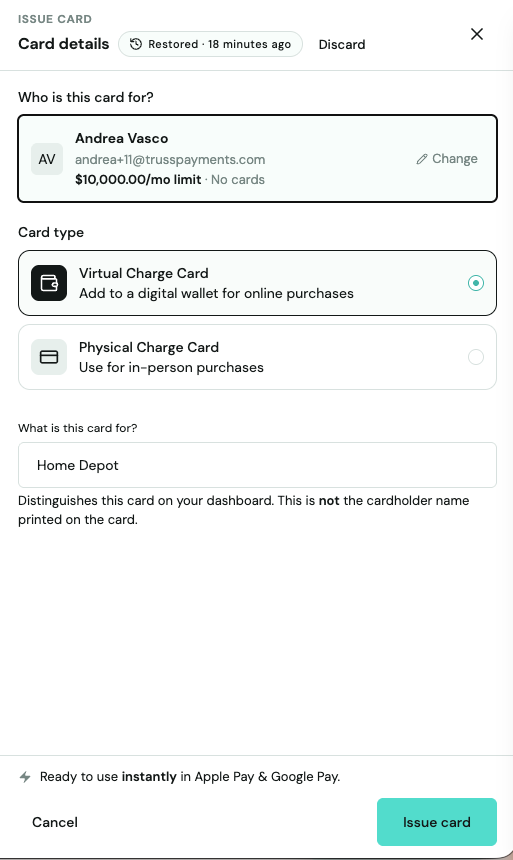 Card details screen with Virtual Charge Card selected and a field for naming what the card is for