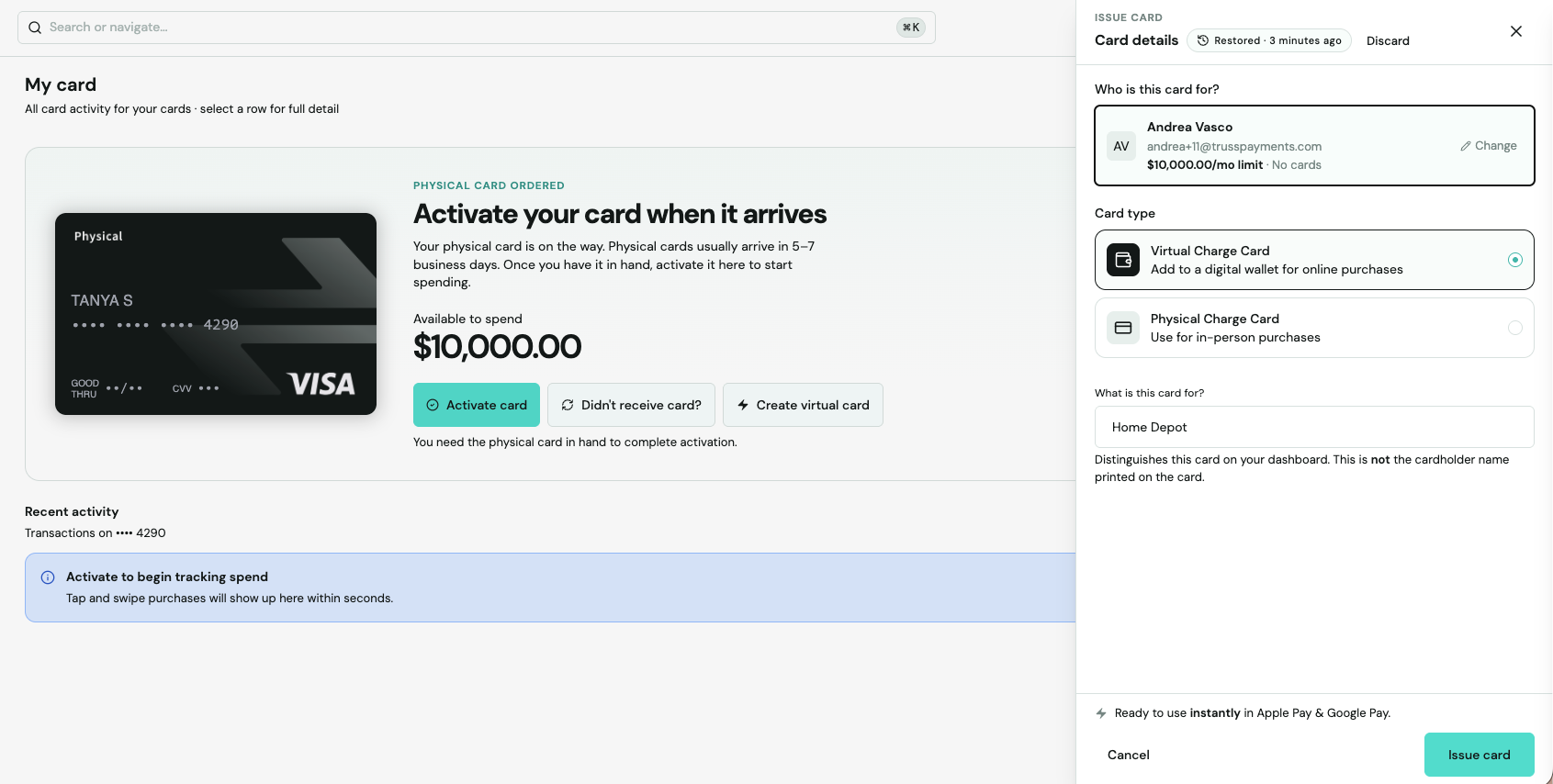 Card details screen with Virtual Charge Card selected and a field for naming what the card is for, alongside the My Card overview page with a Create virtual card button
