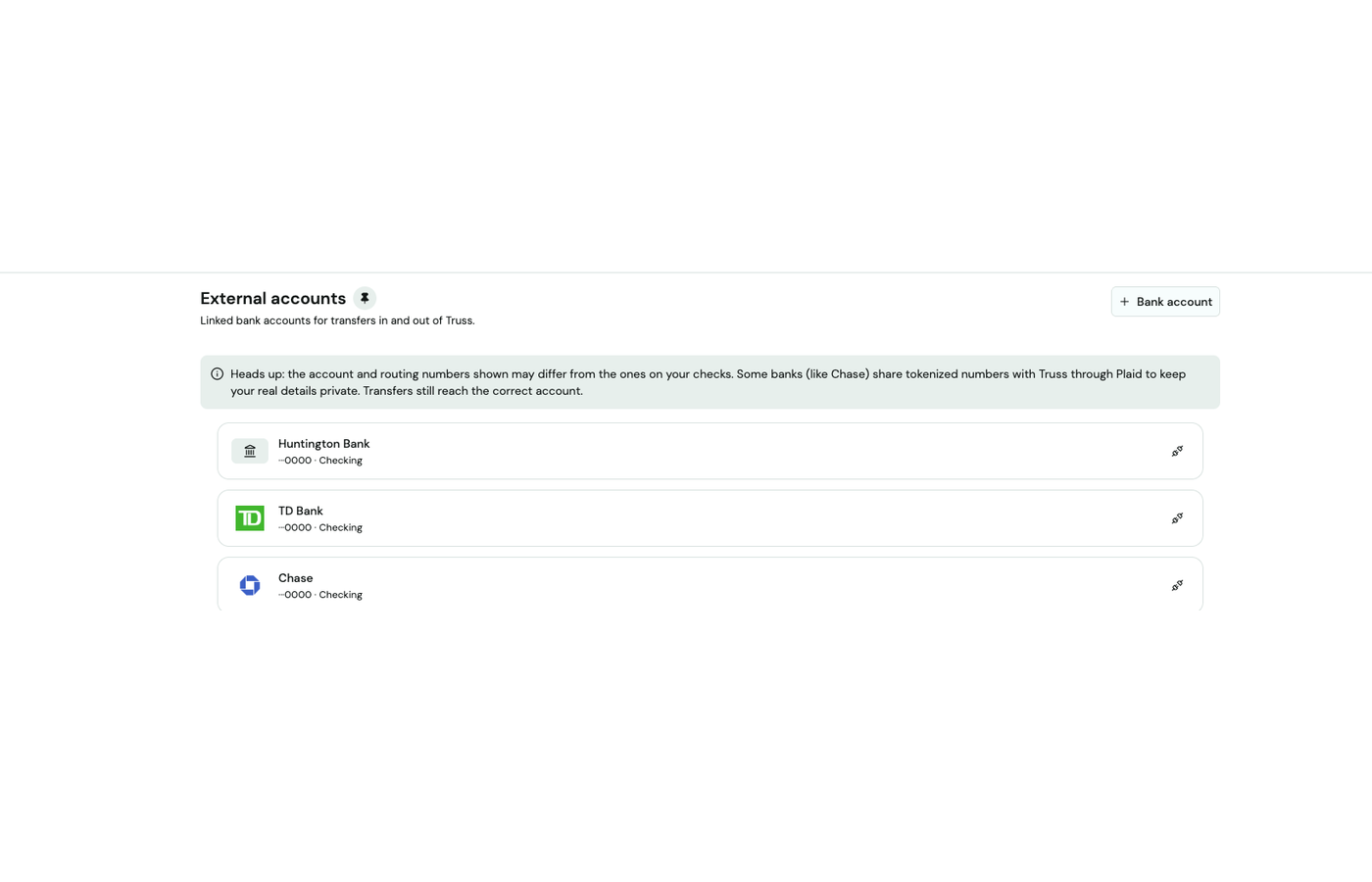 Settings → External accounts page listing linked banks and a + Bank account button