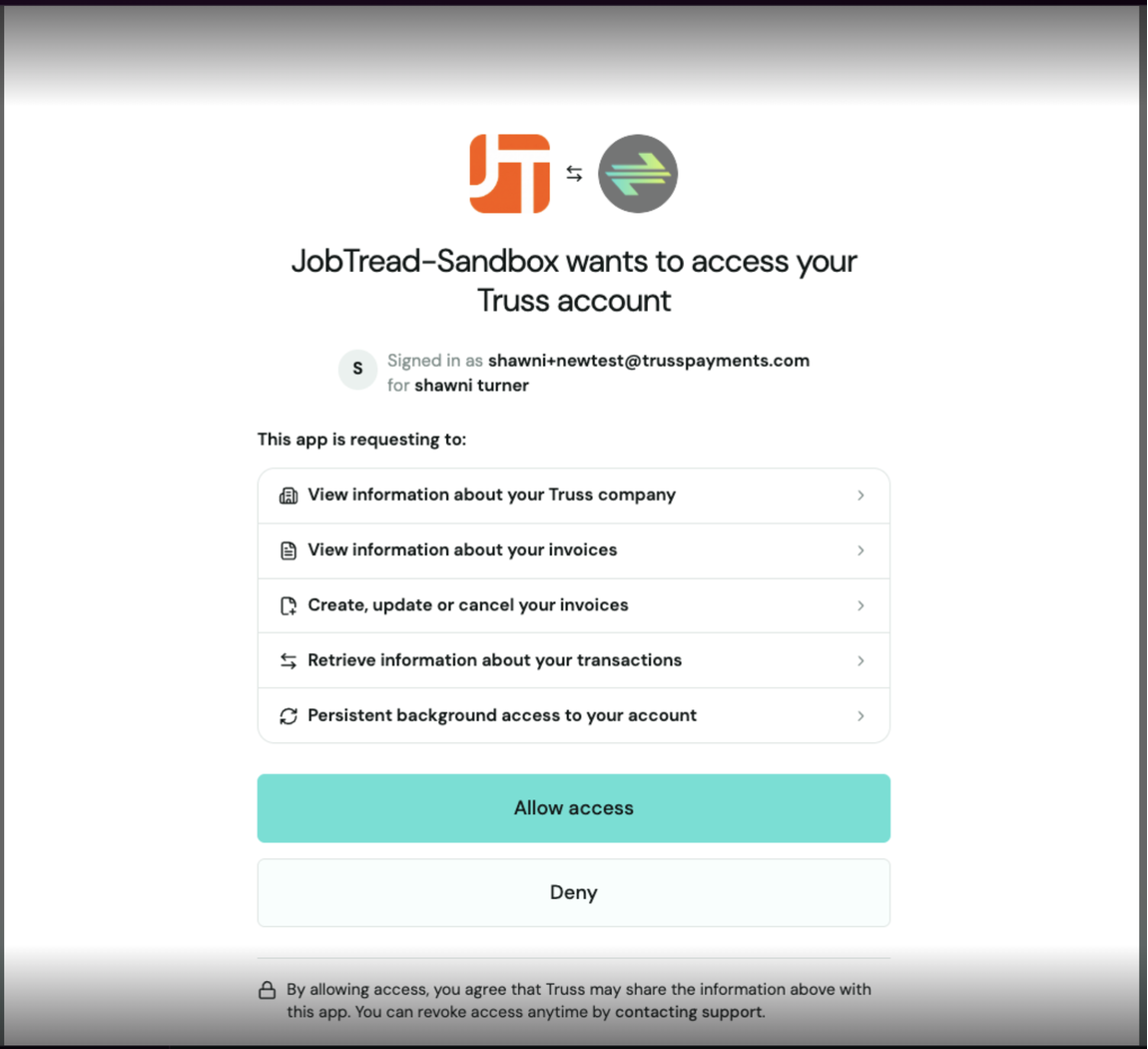 Truss authorization screen asking to allow JobTread access to your Truss account