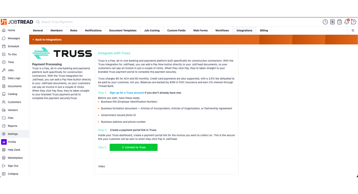 Truss integration page in JobTread with the Connect to Truss button