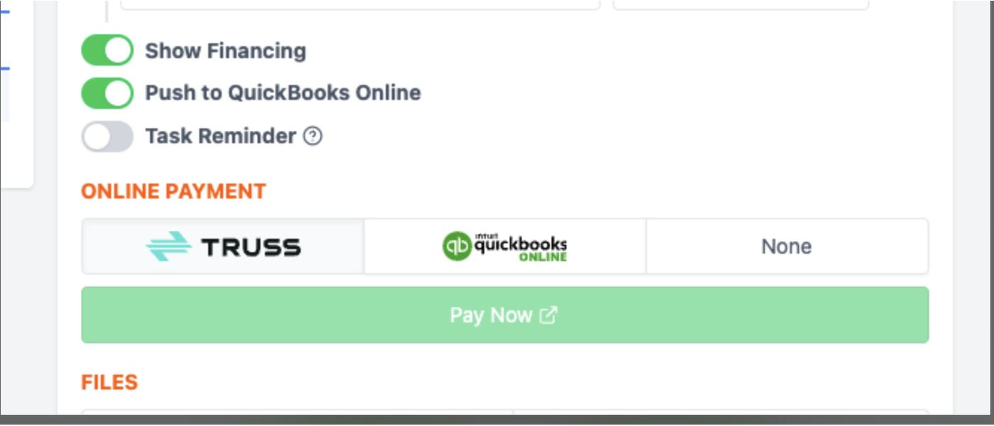 JobTread invoice settings showing Truss selected as the Online Payment method with a single Pay Now button