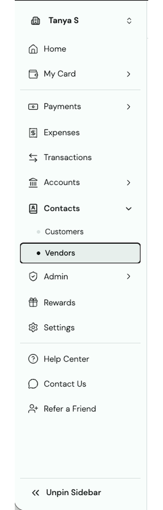 Truss left navigation with Contacts expanded and Vendors selected