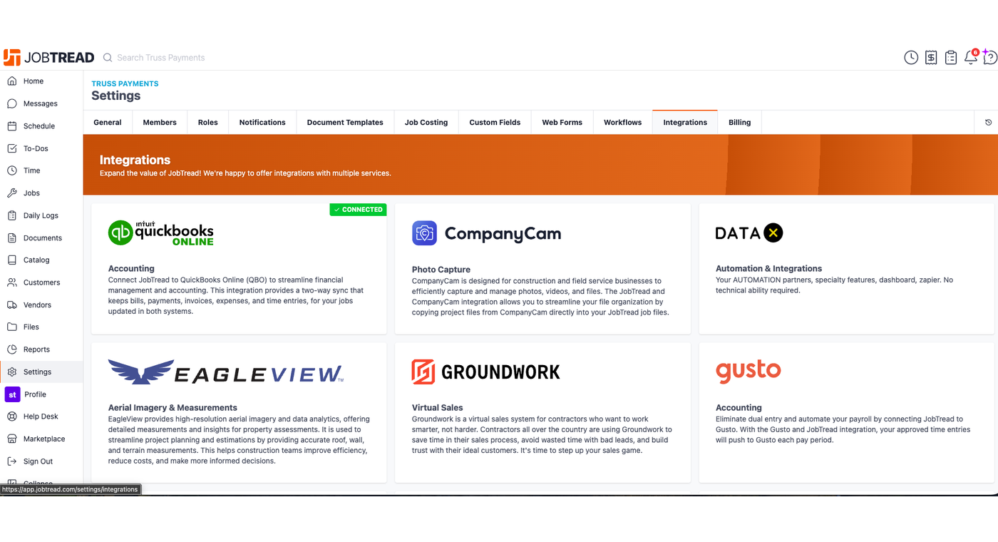 JobTread's Settings → Integrations page showing QuickBooks Online already connected