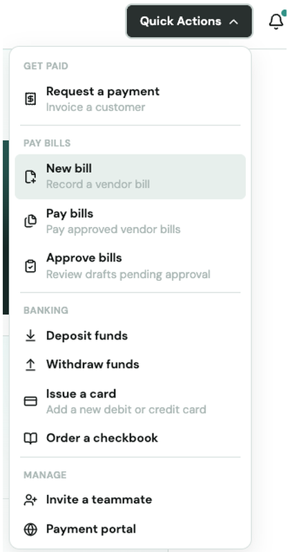 Truss Quick Actions menu with New bill selected under Pay Bills