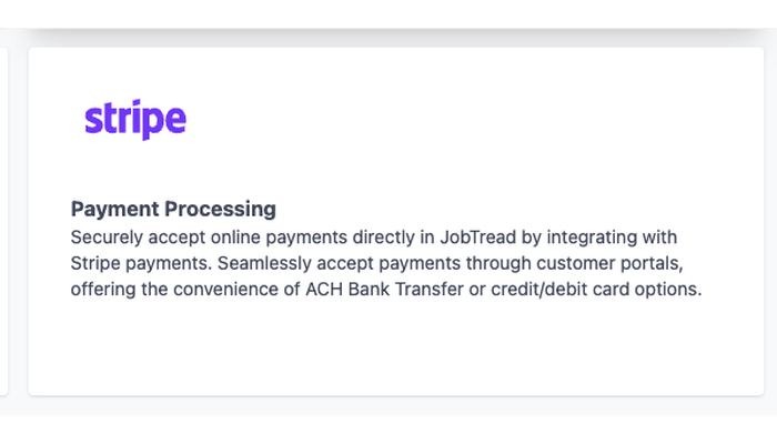 The Stripe integration card in JobTread — disconnect this if it is currently connected