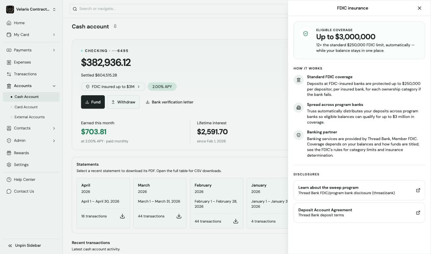 Cash account dashboard showing FDIC insurance panel with up to 3 million dollars eligible coverage details